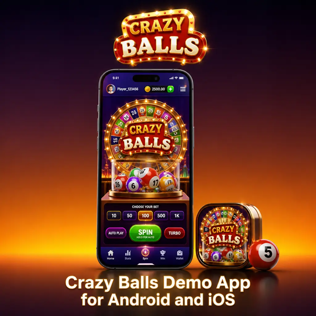 RajaBets app showing the Crazy Balls demo on Android and iOS