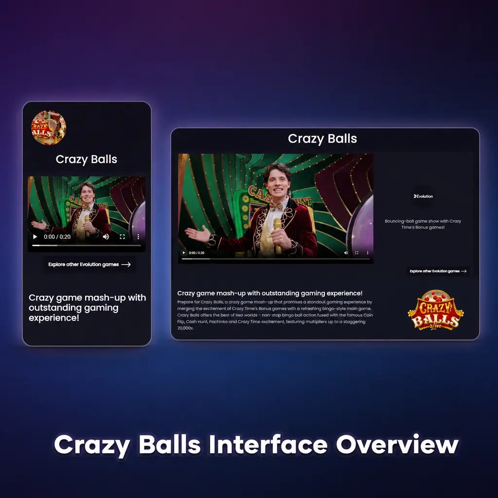 Crazy Balls game screen showing betting panel, multiplier display, and round history bar